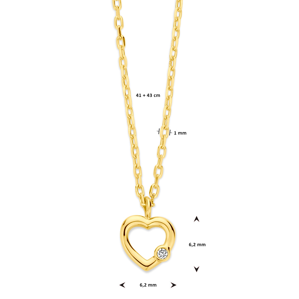 collier hart en diamant 0.01ct h si 41 - 43 cm 14K geelgoud