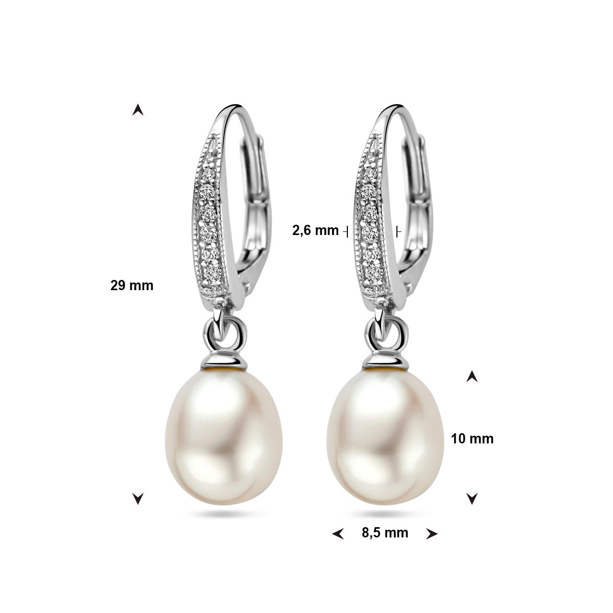 oorhangers parel en zirkonia brisur haak 29 mm zilver gerhodineerd
