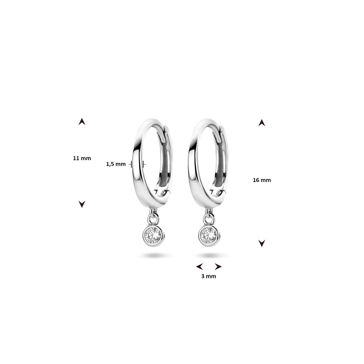 klapoorringen zirkonia 16 mm zilver gerhodineerd