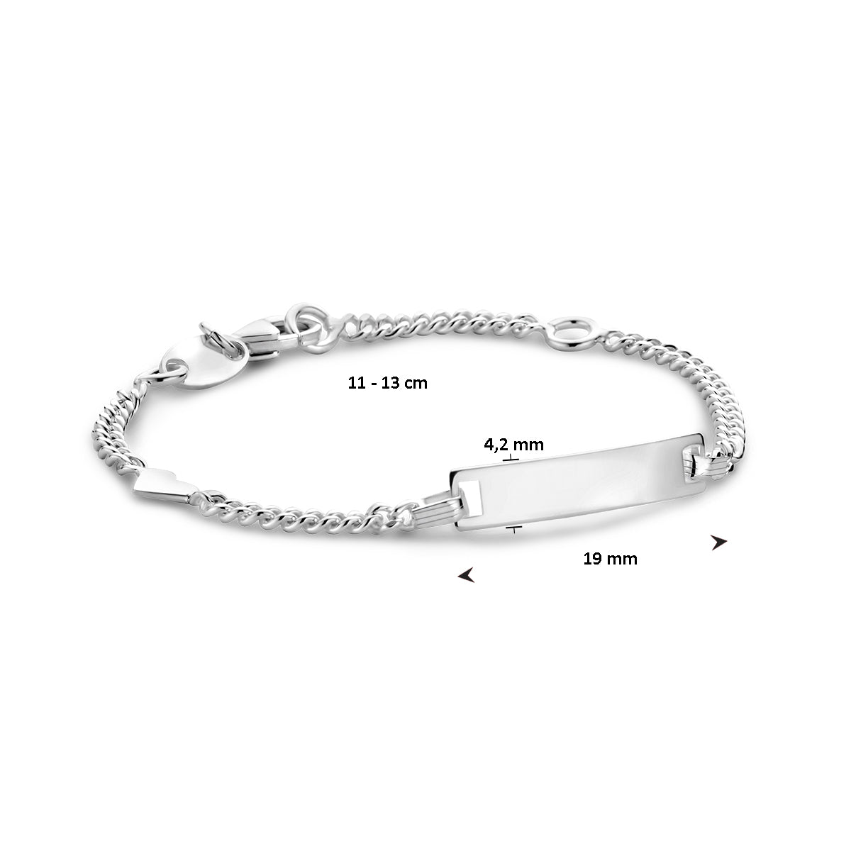 gravierter Armreif Herz Gourmette 4-seitig geschliffene Platte 4,2 mm Silber weiß
