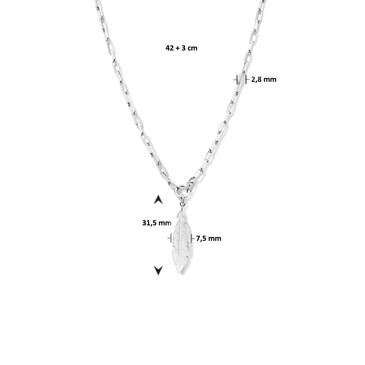 Halskette Büroklammer Feder 2,8 mm 42 + 3 cm Silber rhodiniert