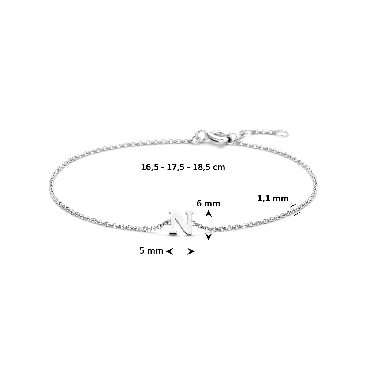 armband letter 16,5 - 17,5 - 18,5 cm zilver gerhodineerd
