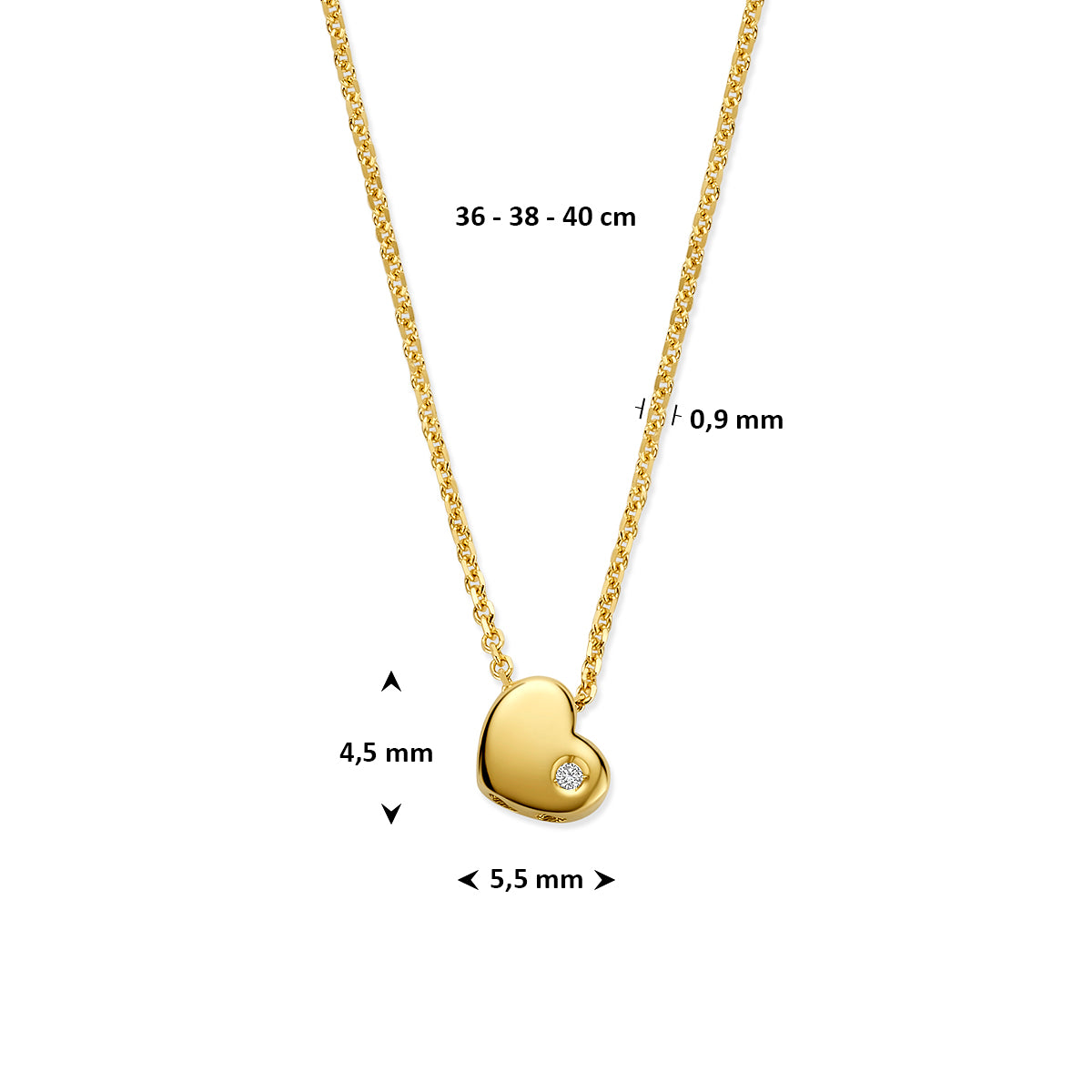 Halskette Herz Labordiamant 0.01ct G VS 36 - 38 - 40 cm 14K Gelbgold