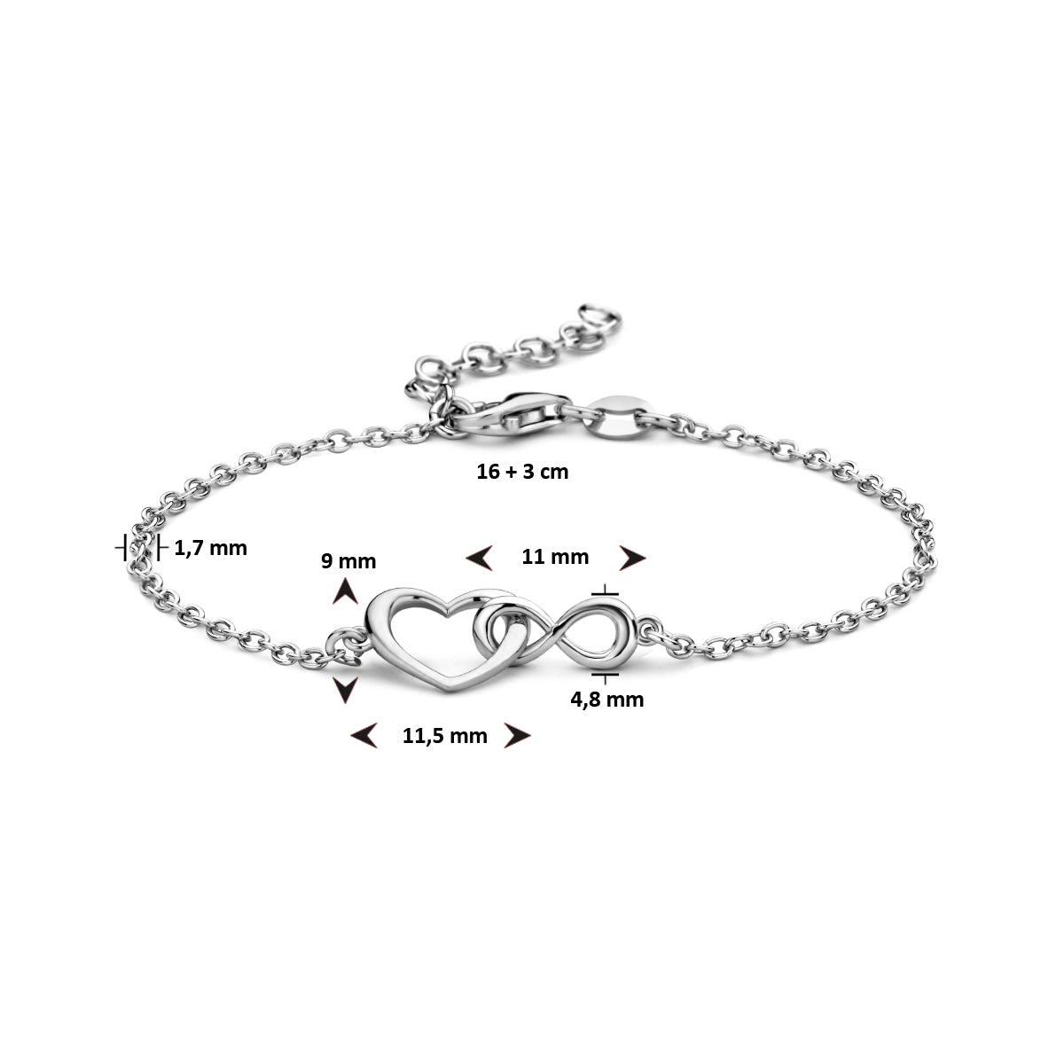armband hart en infinity 16 + 3 cm zilver gerhodineerd