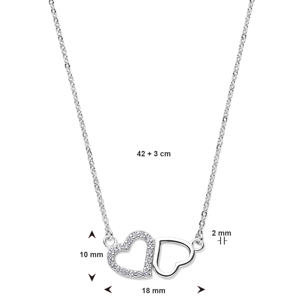 collier hartjes zirkonia 42 + 3 cm zilver gerhodineerd