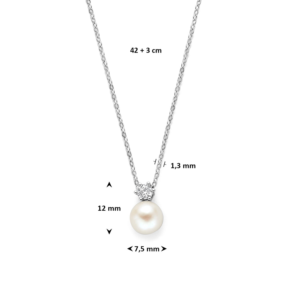 collier parel en zirkonia 42 + 3 cm zilver gerhodineerd