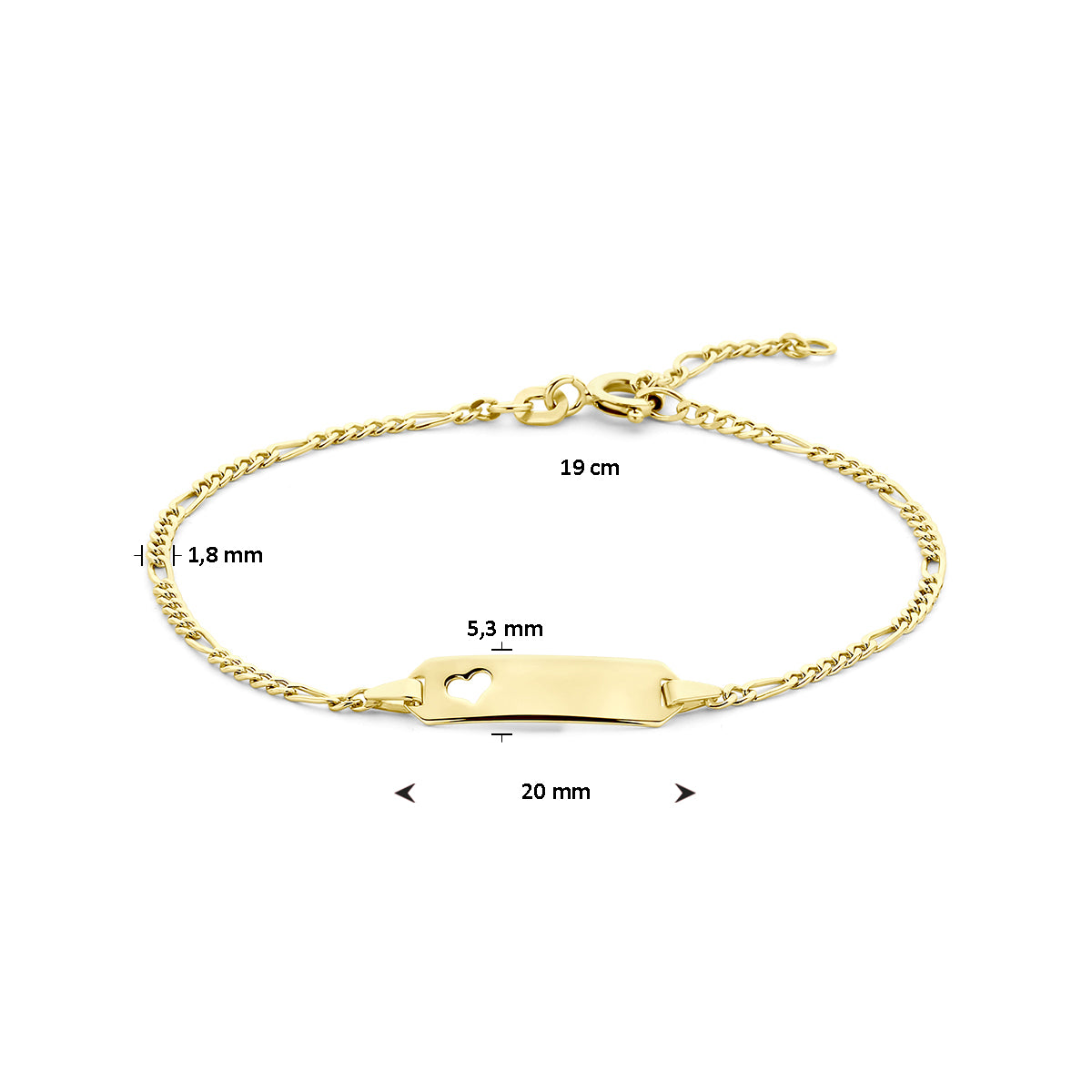 graveerarmband hart plaat 5,3 mm 15,5 - 19 cm 14K geelgoud - rechthoek