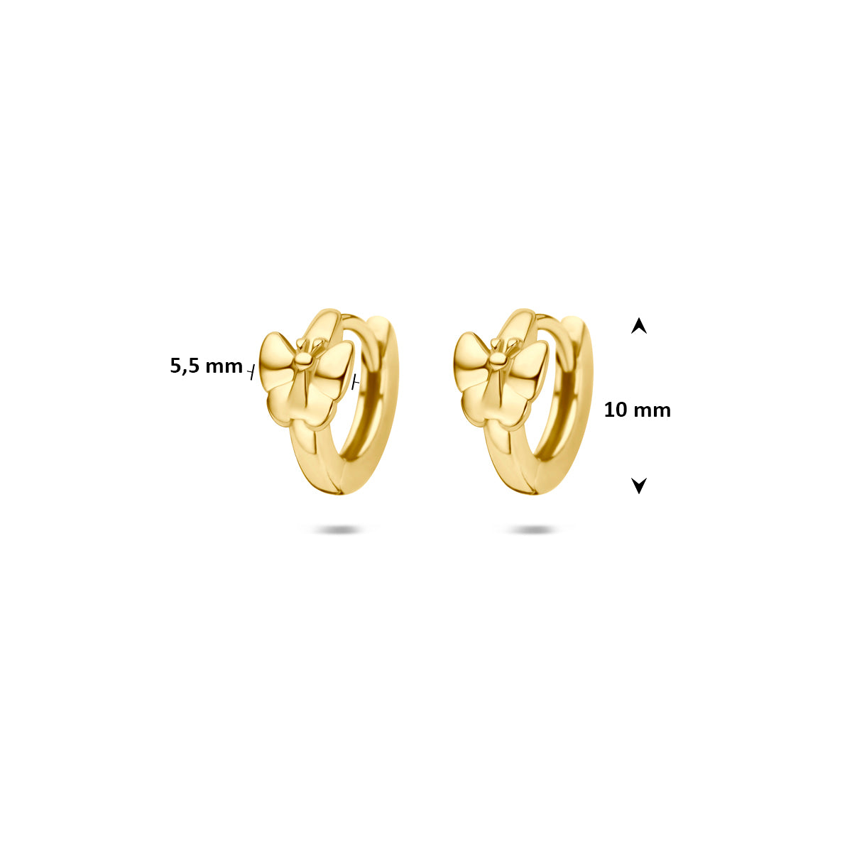 klapoorringen vlinder 10 mm 1 micron zilver verguld (geel)