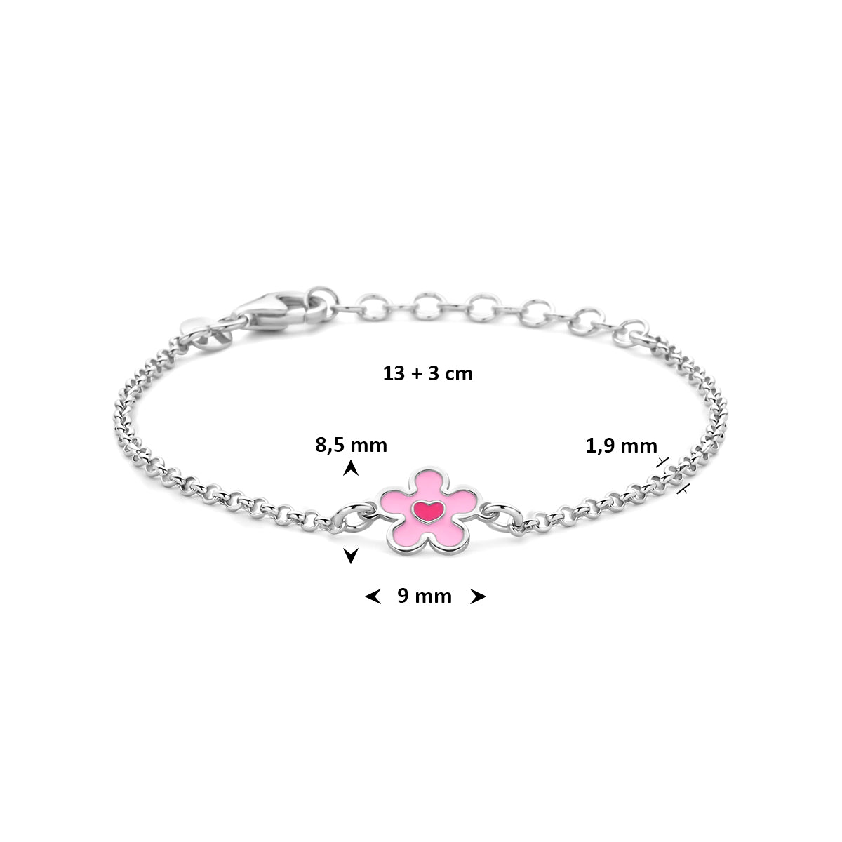armband bloem en hartje emaille 13 + 3 cm zilver gerhodineerd