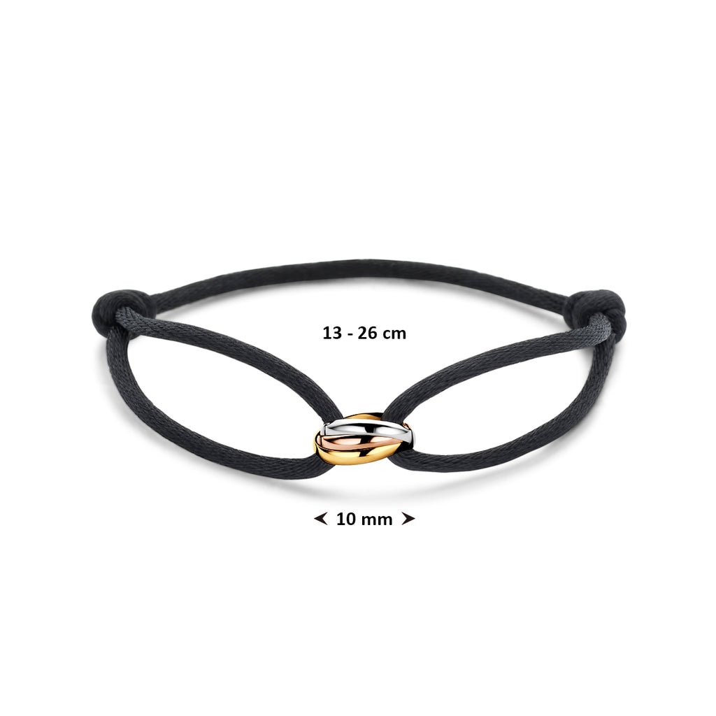 Armband Satin Schwarz Tricolor 13 - 26 cm 14K Gold mit Gummi/Nylon/Leder