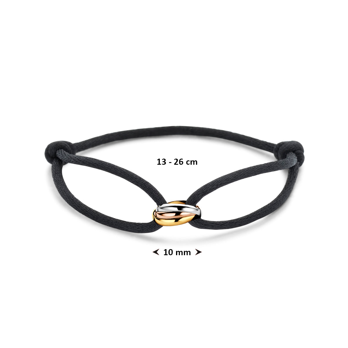 Armband Satin Schwarz Tricolor 13 - 26 cm 14K Gold mit Gummi/Nylon/Leder