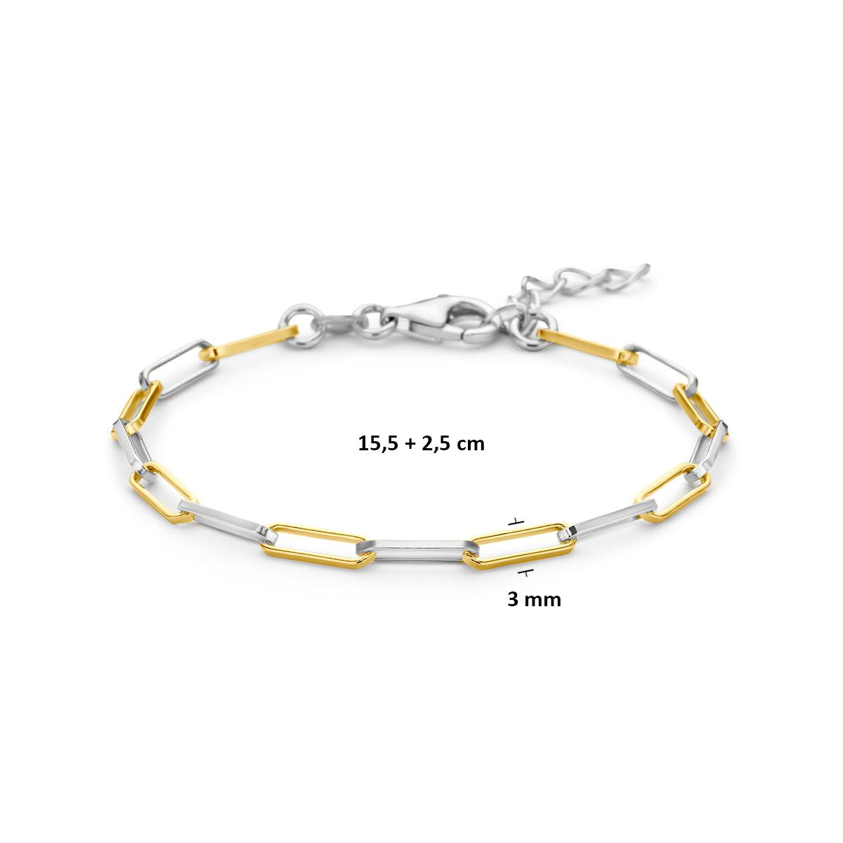 armband paperclip vierkante buis 3,0 mm 15,5 + 2,5 cm 3 micron zilver verguld (geel/rhodium)