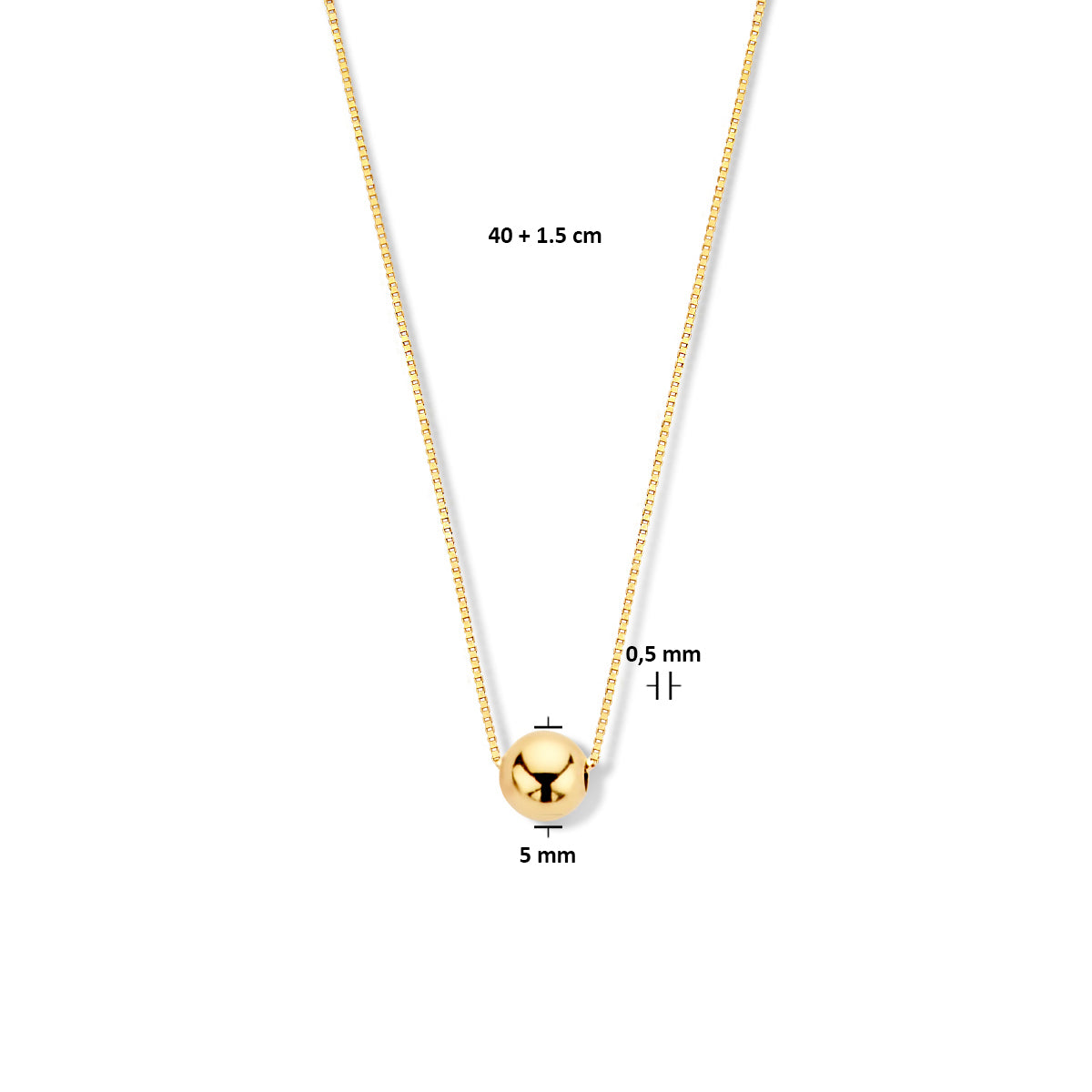 collier bol 0,5 mm 40 + 1,5 cm 14K geelgoud