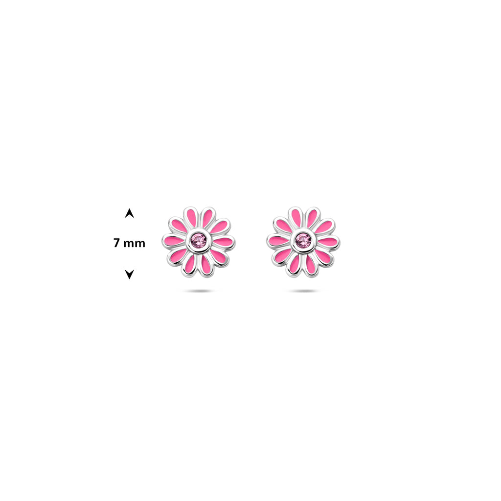 Ohrstecker Emaille Blume Rosa Zirkonia 7 mm Silber rhodiniert