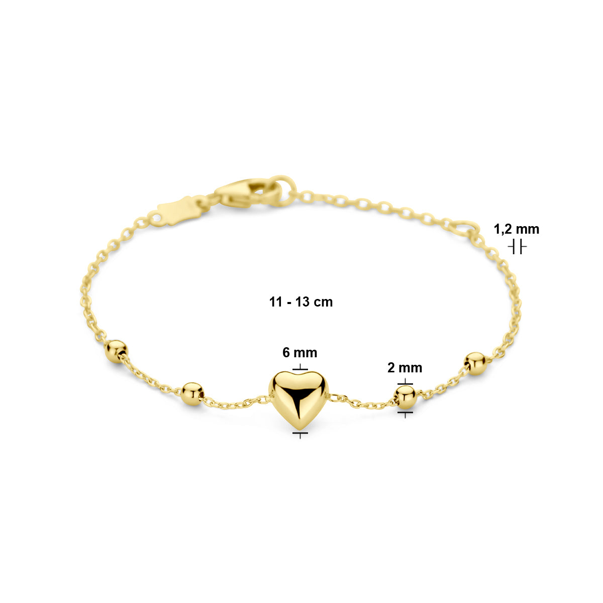 Armband Herz und Kügelchen 11–13 cm 14K Gelbgold