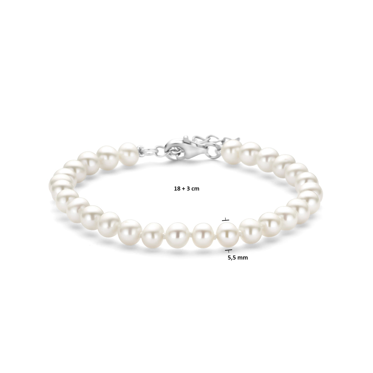 armband parel 5,5 mm 18 + 3 cm zilver gerhodineerd