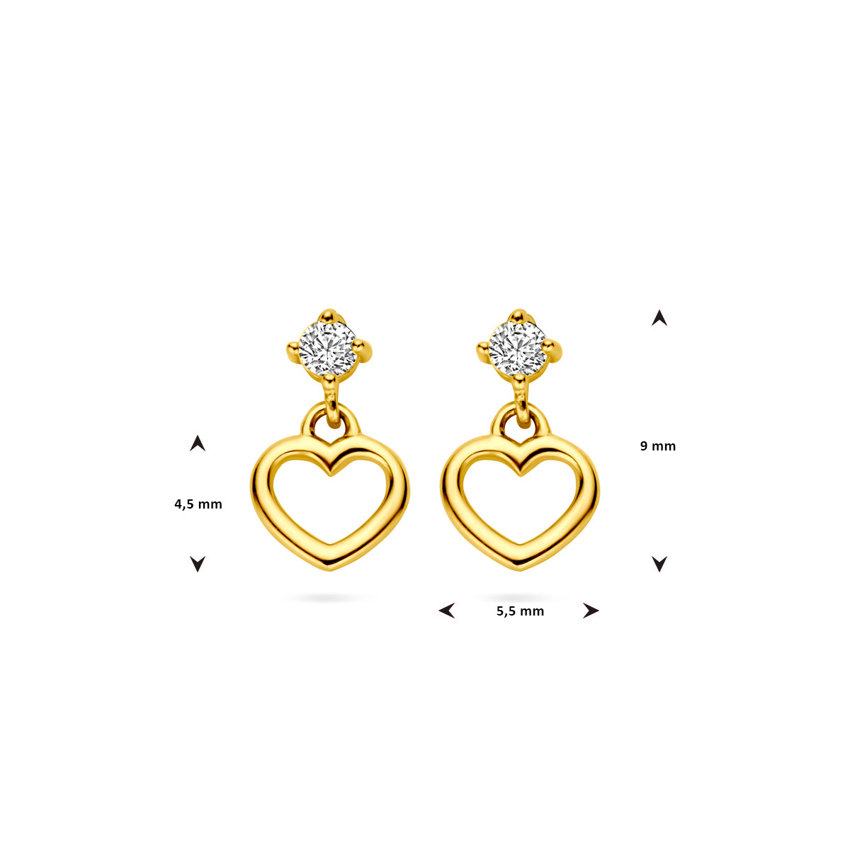 oorhangers hart en zirkonia 14K geelgoud
