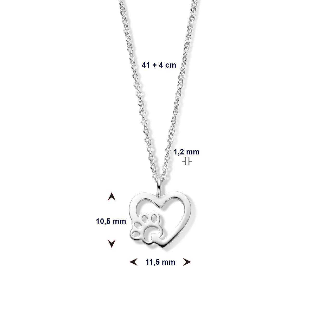 Halskette Herz Hundepfote 41 + 4 cm Silber rhodiniert