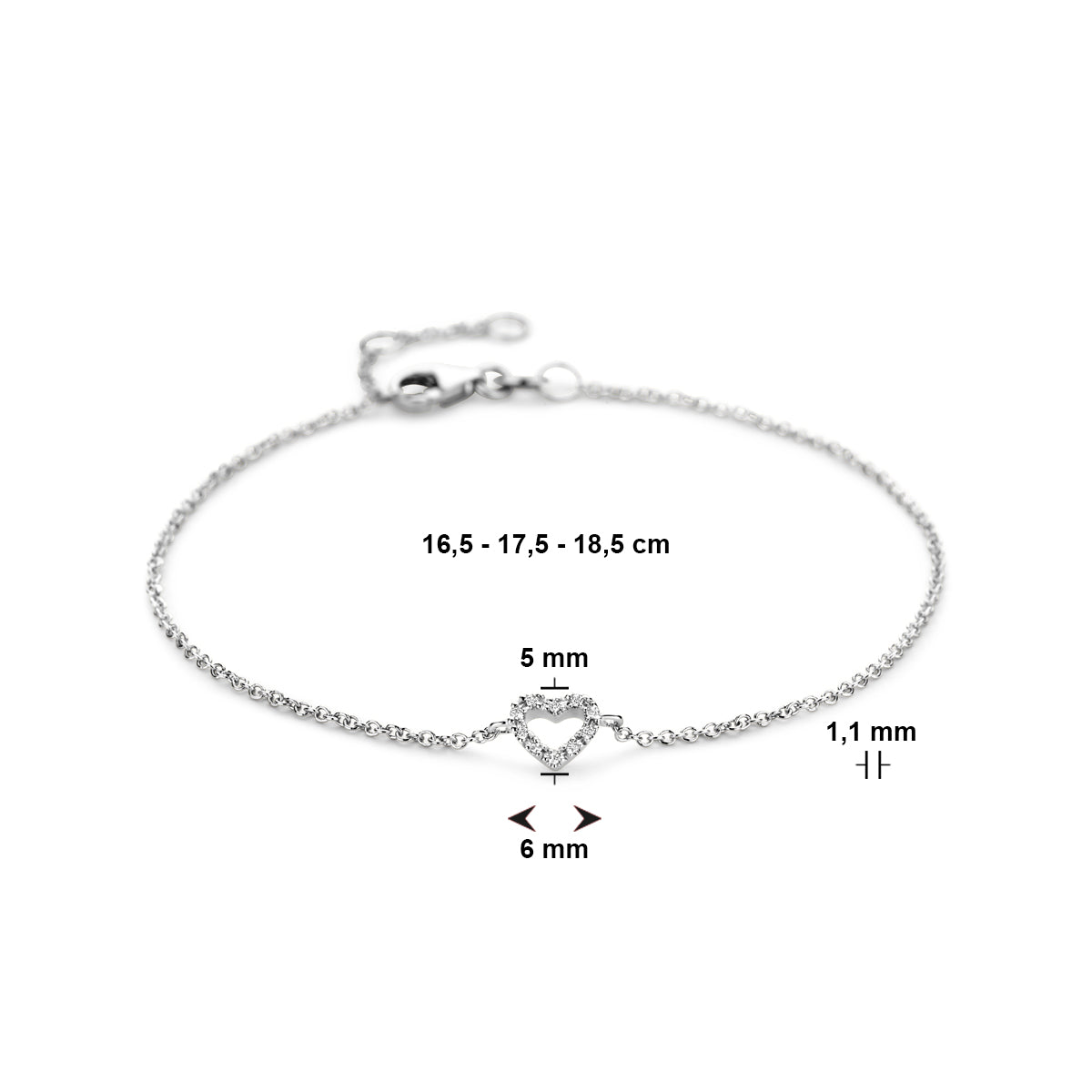 Armband Herz und Diamant 16,5 - 17,5 - 18,5 cm 0,04 ct H SI 14 K Weißgold