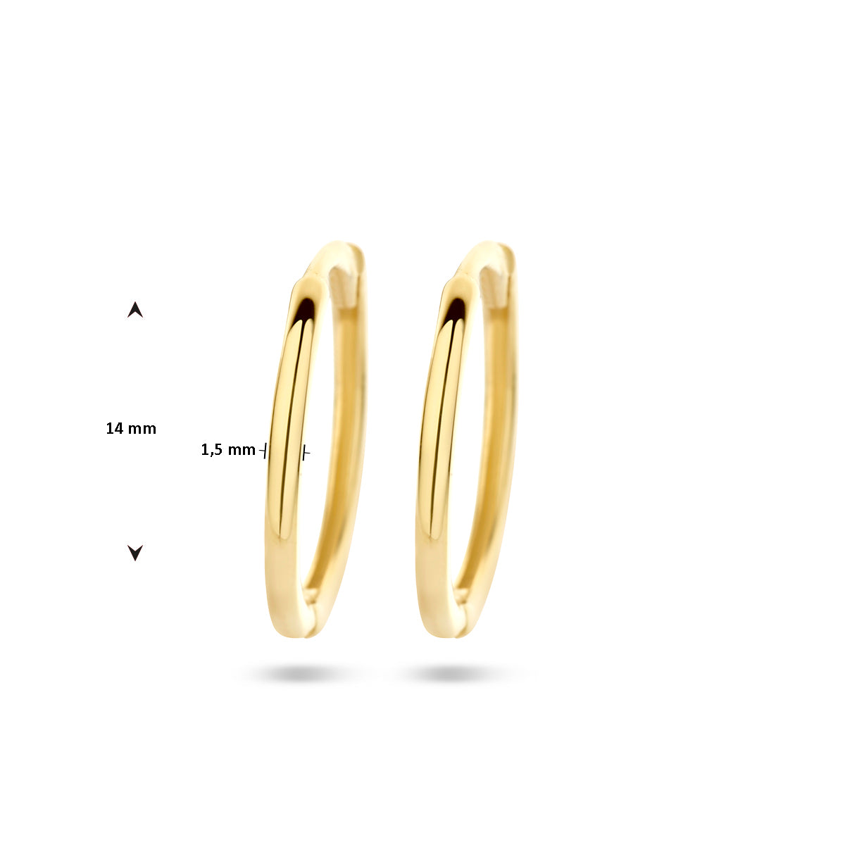 klapoorringen ronde buis 1,5 mm 14K geelgoud