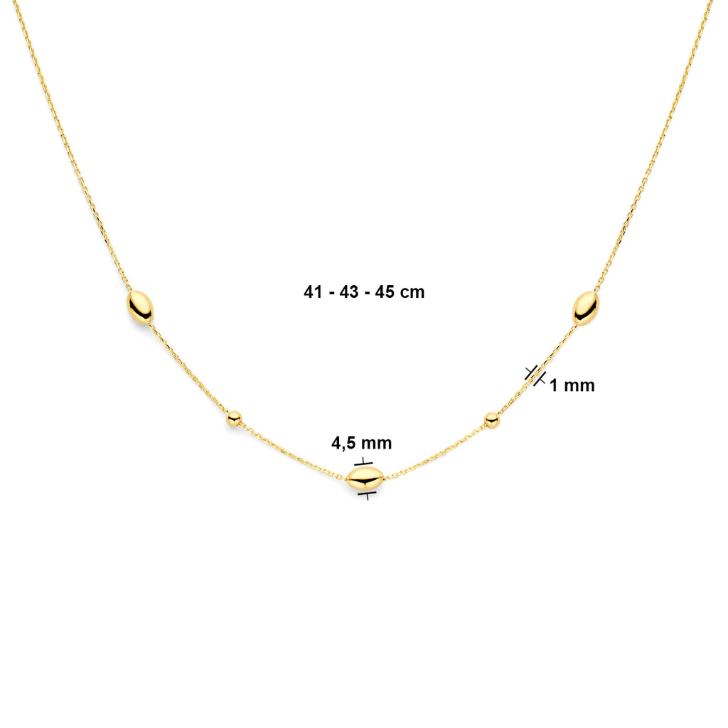 collier ovaaltjes en bolletjes 41 - 43 - 45 cm 14K geelgoud