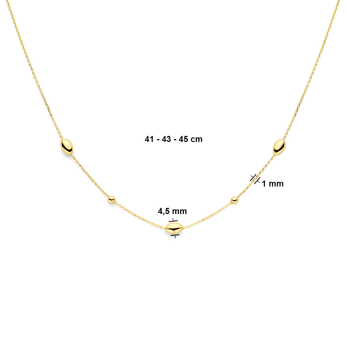 collier ovaaltjes en bolletjes 41 - 43 - 45 cm 14K geelgoud