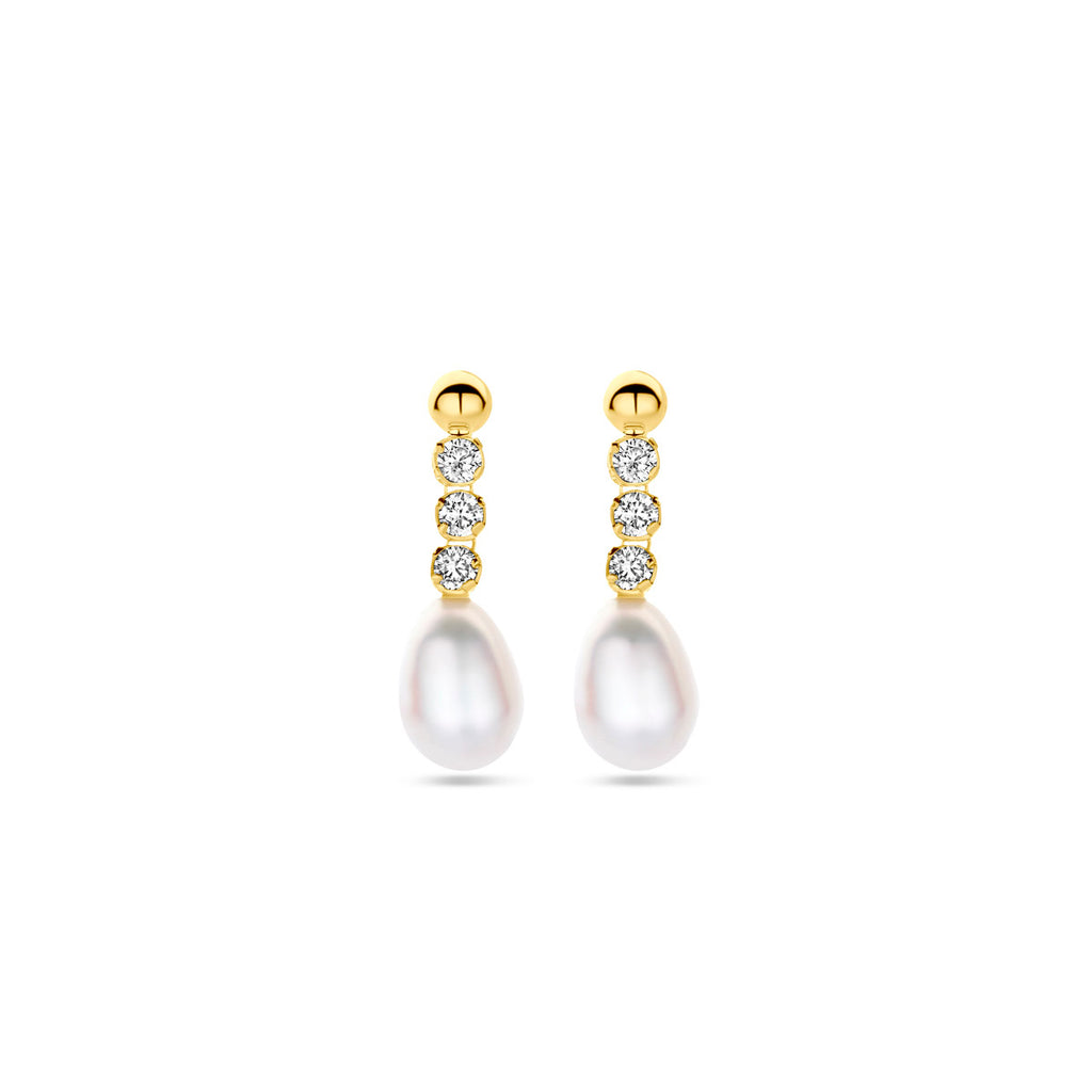Ohrringe Zirkonia und Perle 19 mm 14K Gelbgold