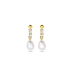 Ohrringe Zirkonia und Perle 19 mm 14K Gelbgold