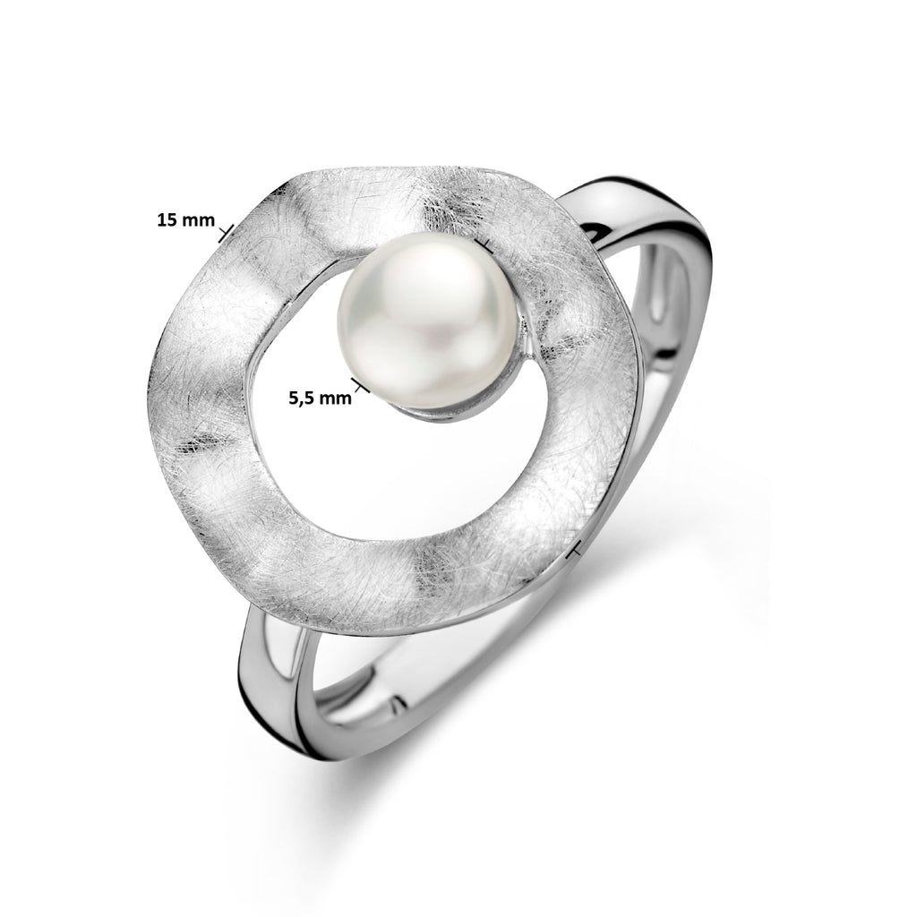 ring rondje parel gescratcht zilver gerhodineerd