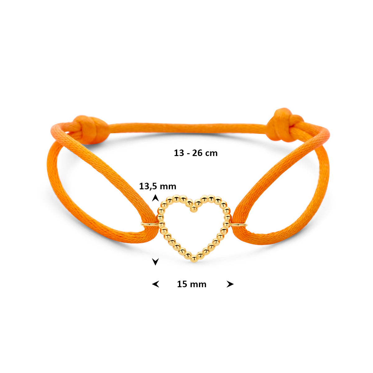 Armband orange Satin Herz 13 - 26 cm 14K Gold mit Gummi/Nylon/Leder