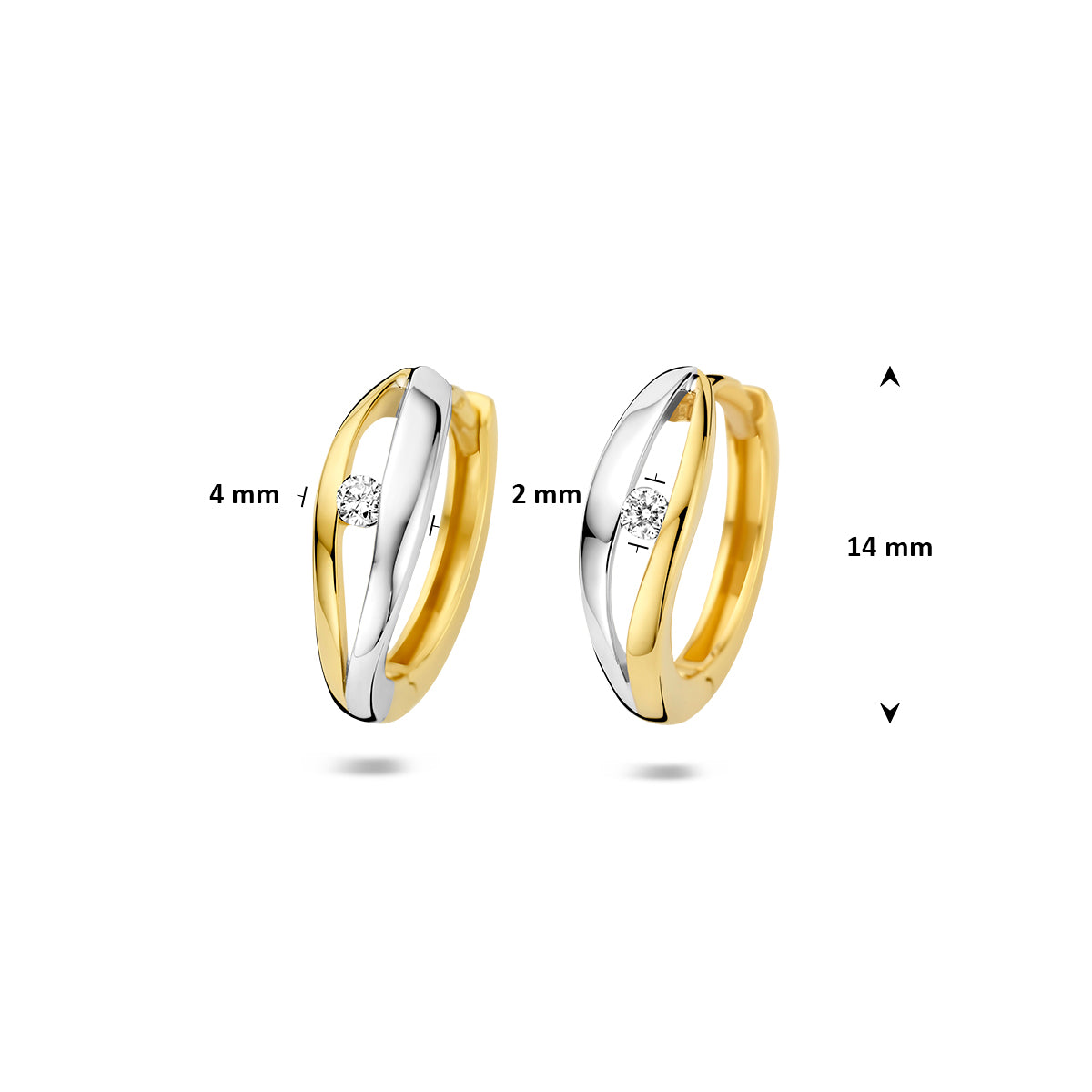 klapoorringen lab grown diamant 0.05ct (2x0.025ct) f vs 14 mm 14K bicolor goud geel/wit