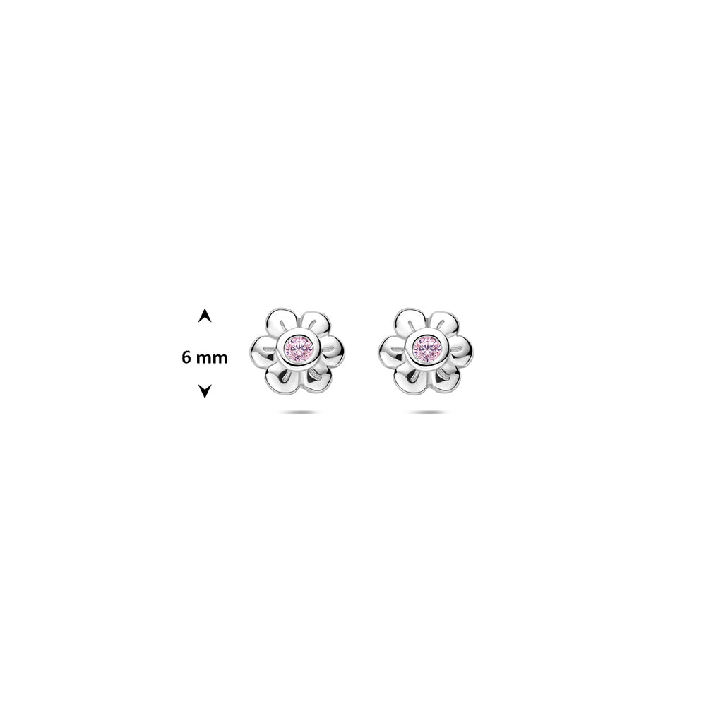 oorknoppen bloem roze zirkonia zilver gerhodineerd