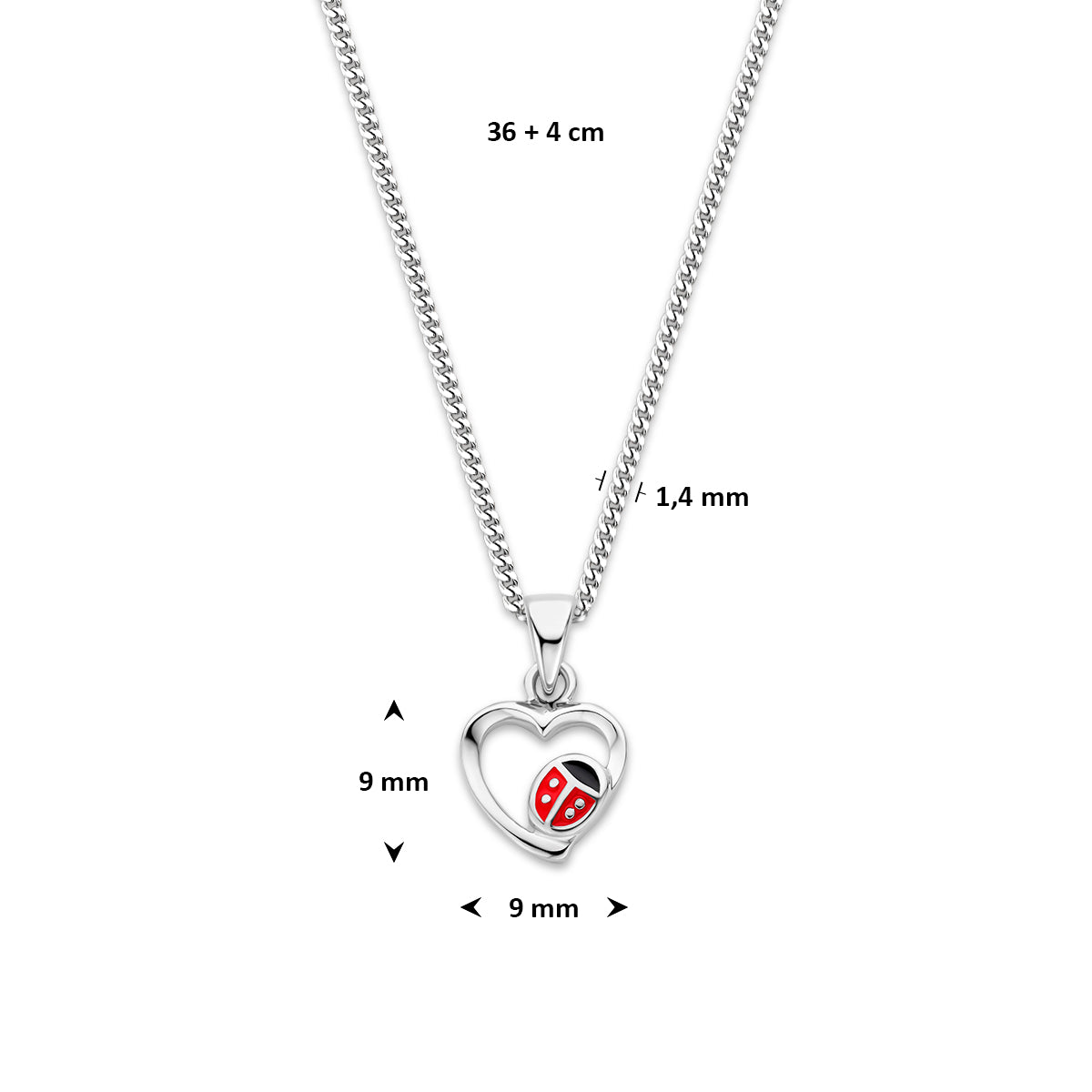 collier hartje lieveheersbeestje emaille 36 + 4 cm zilver gerhodineerd