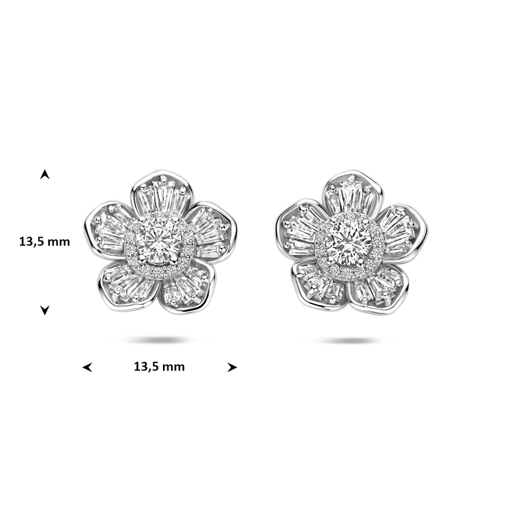 oorknoppen bloem zirkonia 13,5 mm zilver gerhodineerd