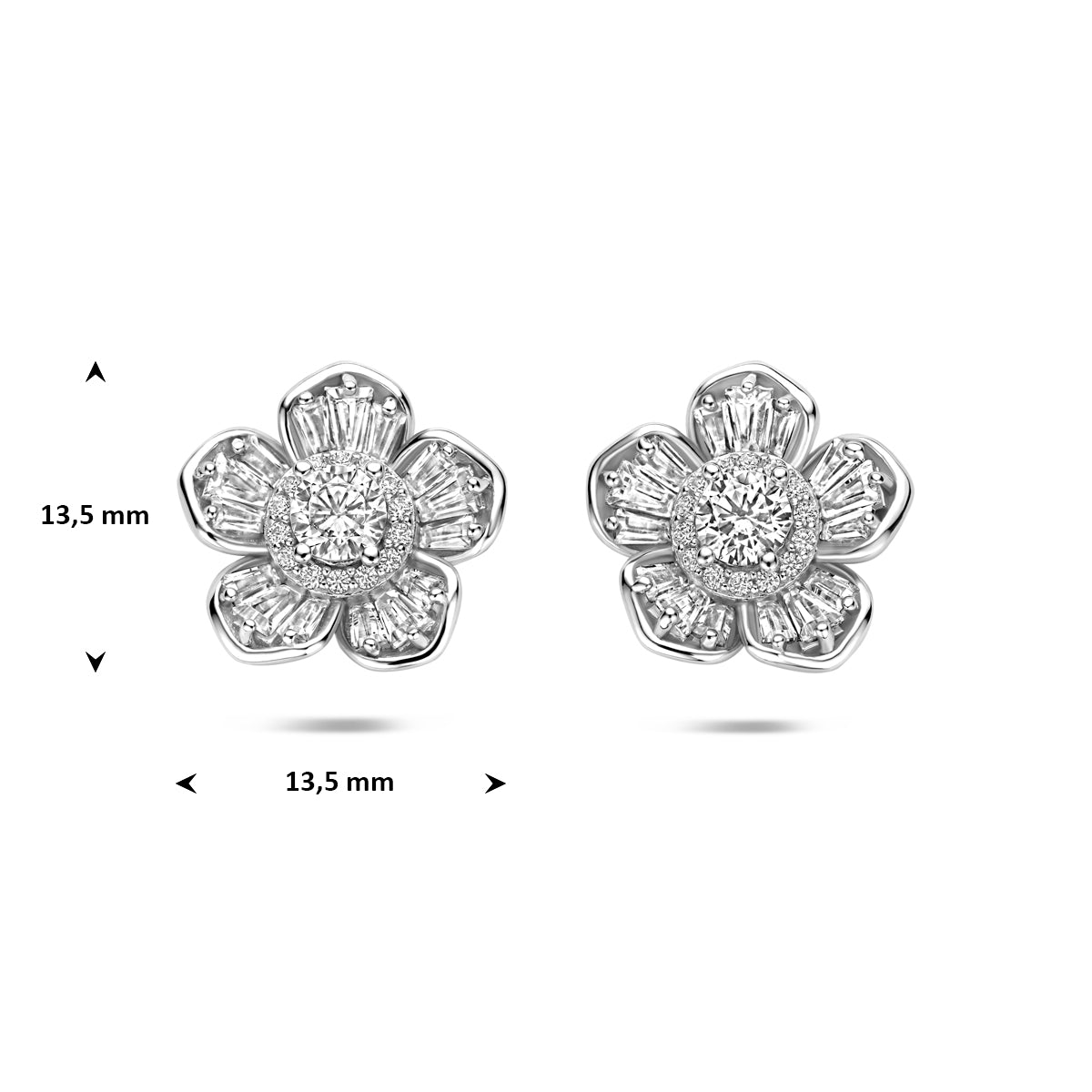 oorknoppen bloem zirkonia 13,5 mm zilver gerhodineerd