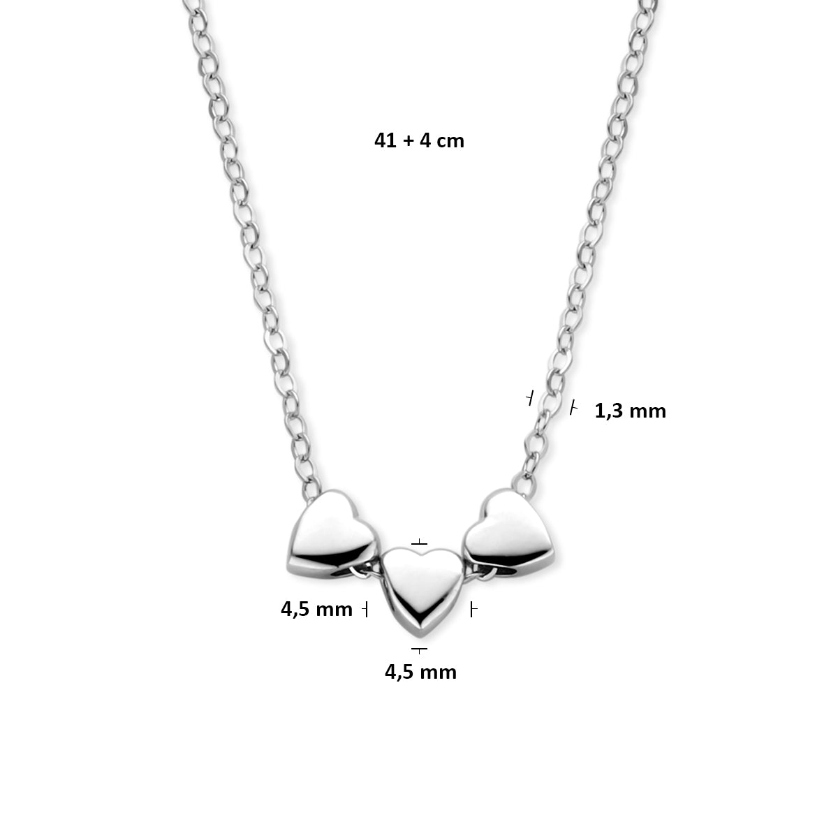 collier 3 hartjes 41 + 4 cm zilver gerhodineerd