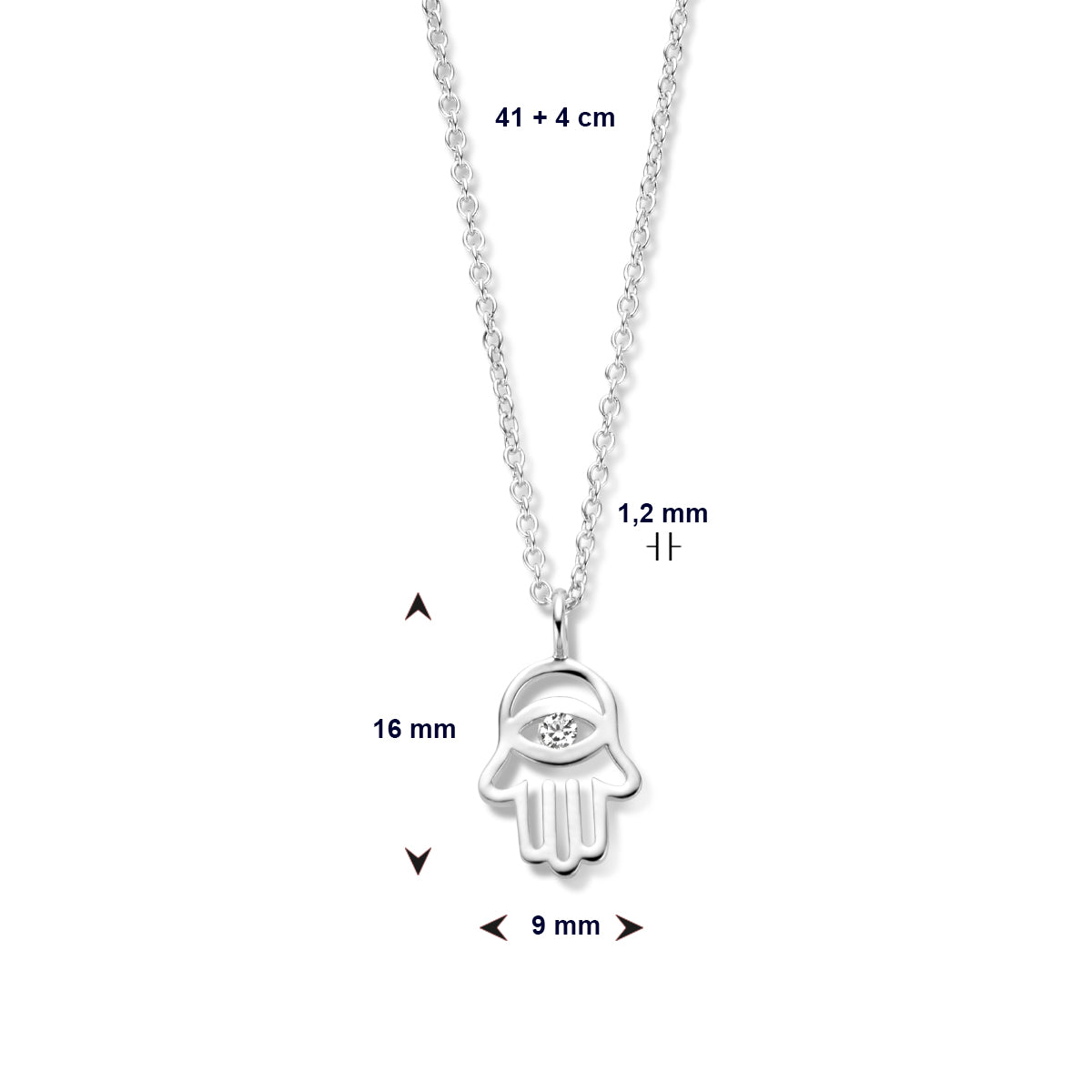 Halskette Hand aus Fatima und Zirkonia 41 + 4 cm Silber rhodiniert