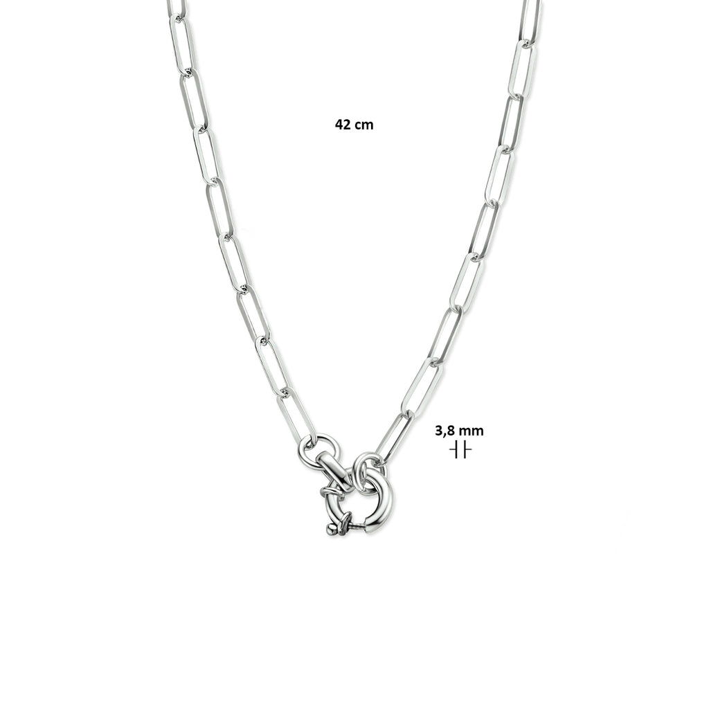 collier paperclip platte buis 3,8 mm 42 cm met groot veerslot zilver gerhodineerd