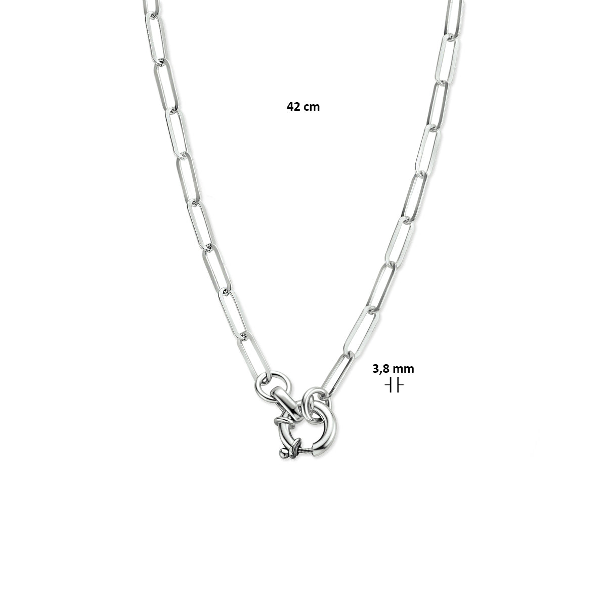 collier paperclip platte buis 3,8 mm 42 cm met groot veerslot zilver gerhodineerd