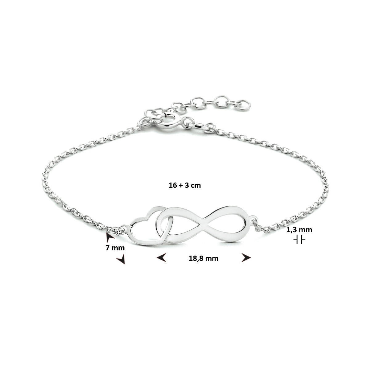 Armband Unendlichkeit und Herz 16 + 3 cm Silber rhodiniert