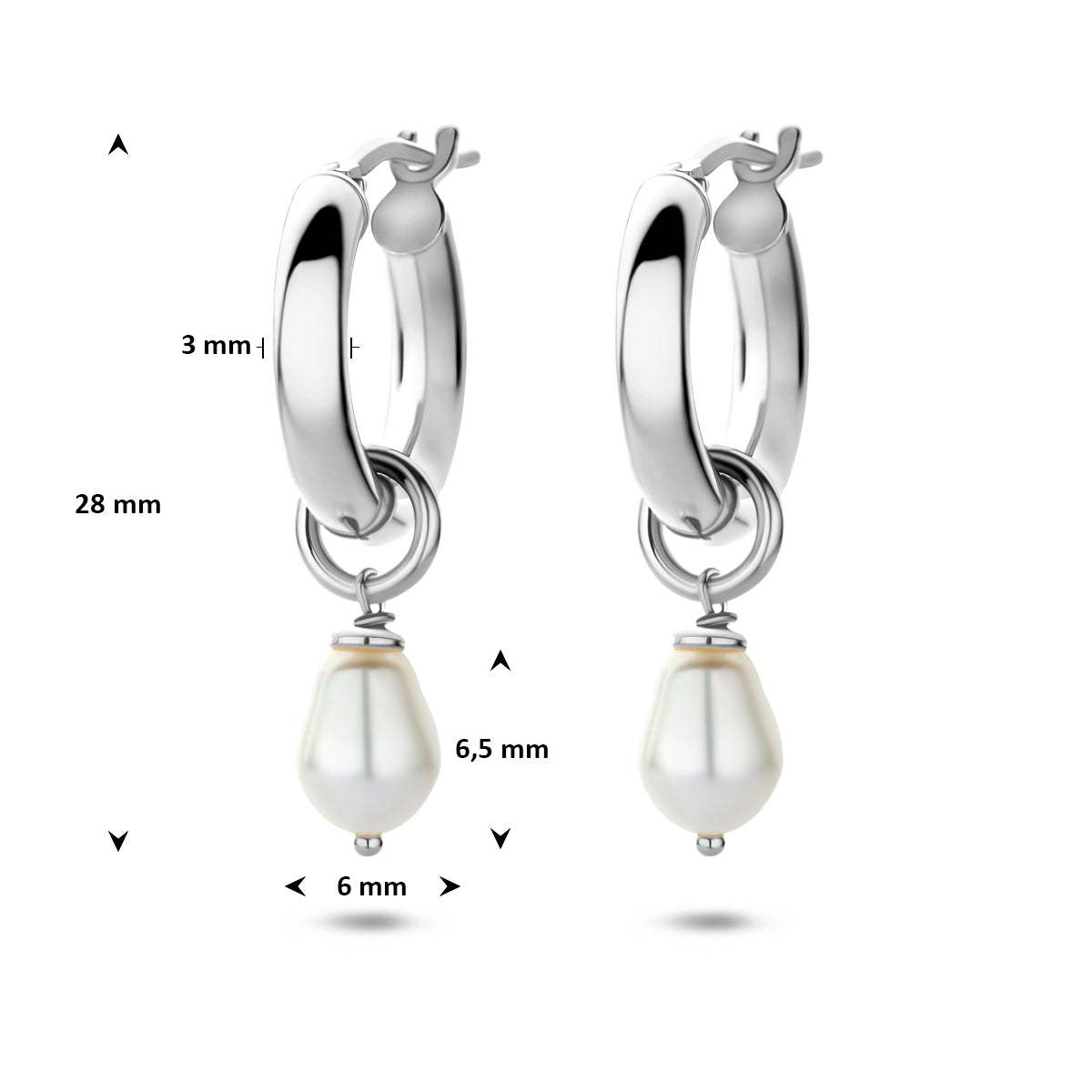 oorringen parel 28 mm zilver gerhodineerd