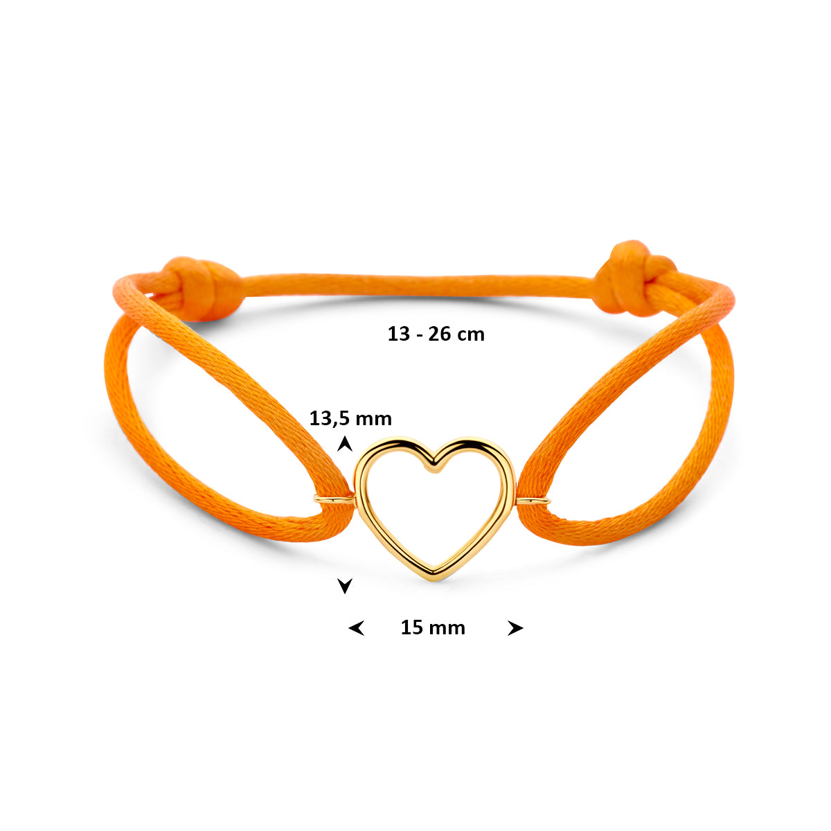 Armband orange Satin Herz 13 - 26 cm 14K Gold mit Gummi/Nylon/Leder
