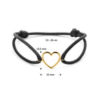 armband zwart satijn hartje 13 - 26 cm 14K goud met rubber/nylon/leer