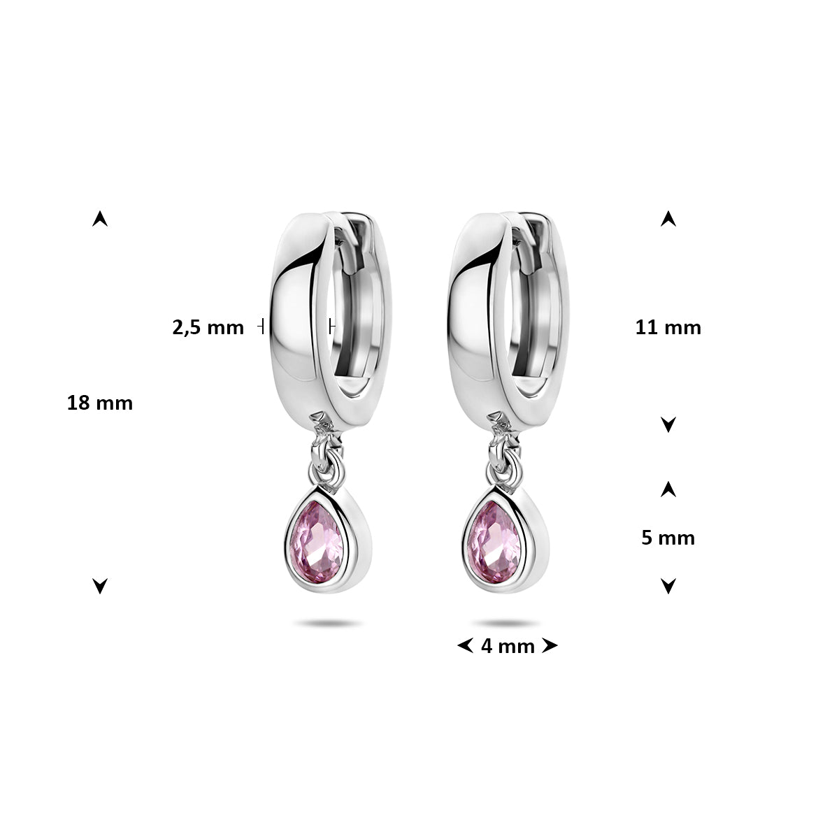 klapoorringen zirkonia 18 mm zilver gerhodineerd - druppel/komma/pegel