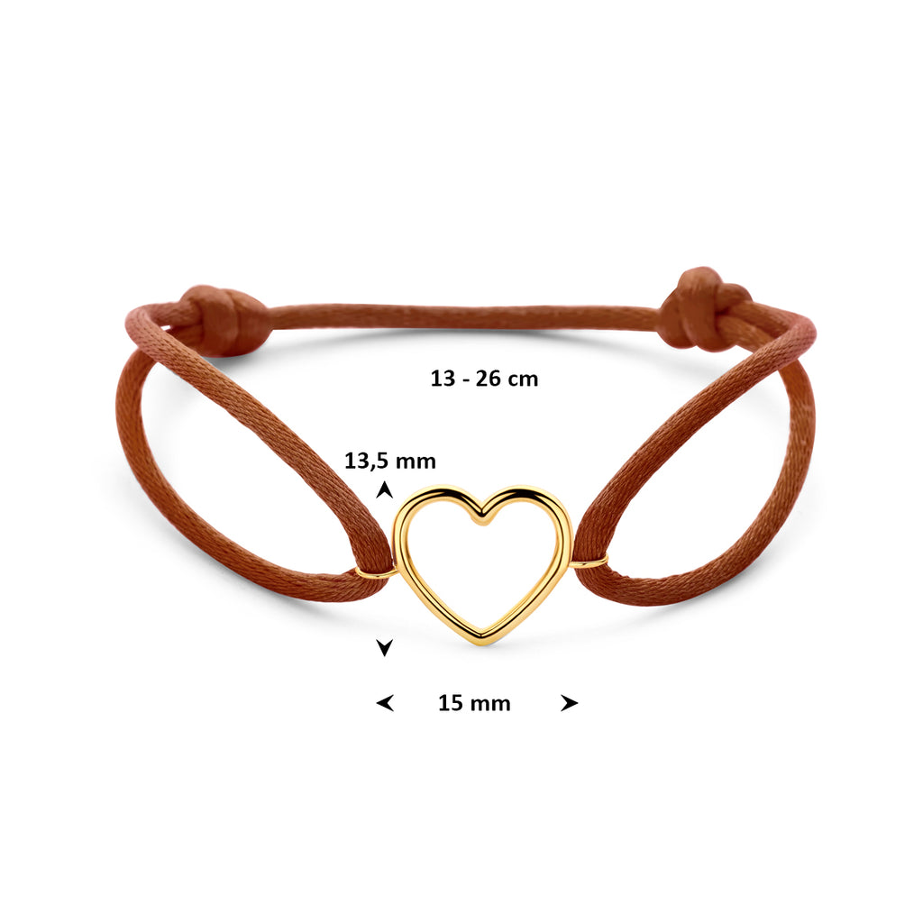 Armband braun Satin Herzchen 13 - 26 cm 14K Gold mit Gummi/Nylon/Leder