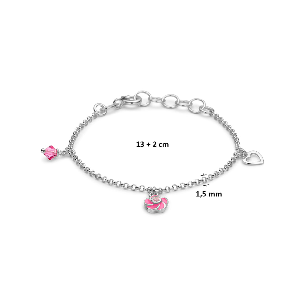 armband bloem en roze zirkonia 13 + 2 cm zilver wit