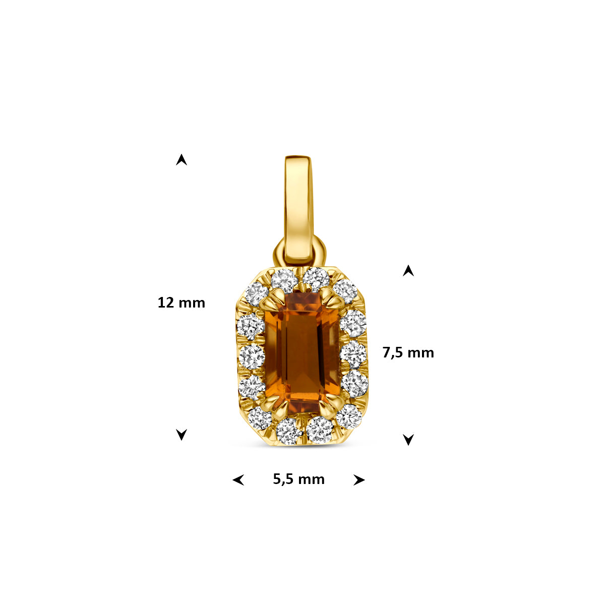 hanger citrien en lab grown diamant 0.08ct f vs 7,5 mm 14K geelgoud
