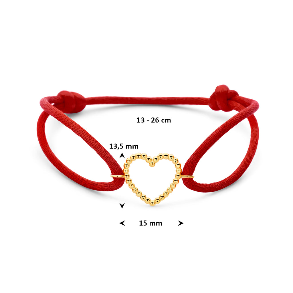 Armband rot Satins Herz 13 - 26 cm 14K Gold mit Gummi/Nylon/Leder