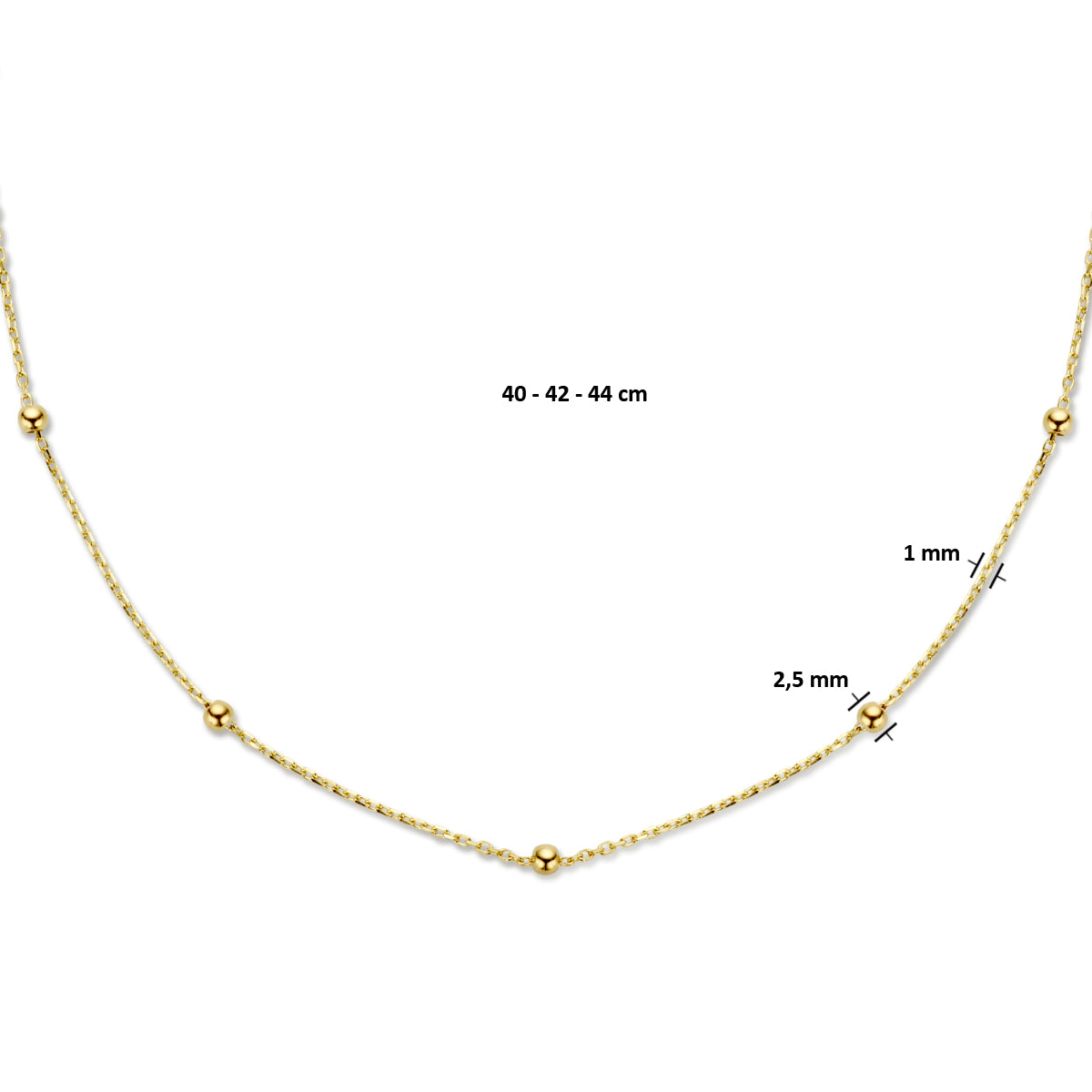 collier bolletjes 2,5 mm 40 - 42 - 44 cm 14K geelgoud - rondje,bolletje,ringetje,draad