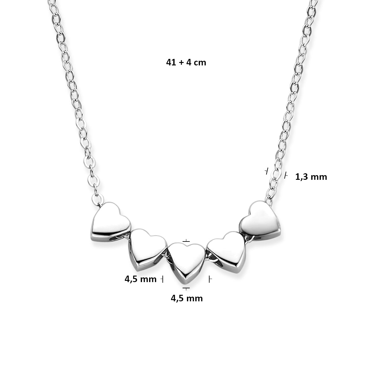 collier 5 hartjes 41 + 4 cm zilver gerhodineerd